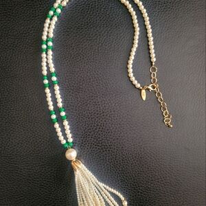 Long Pearl + Green Jewel Necklace